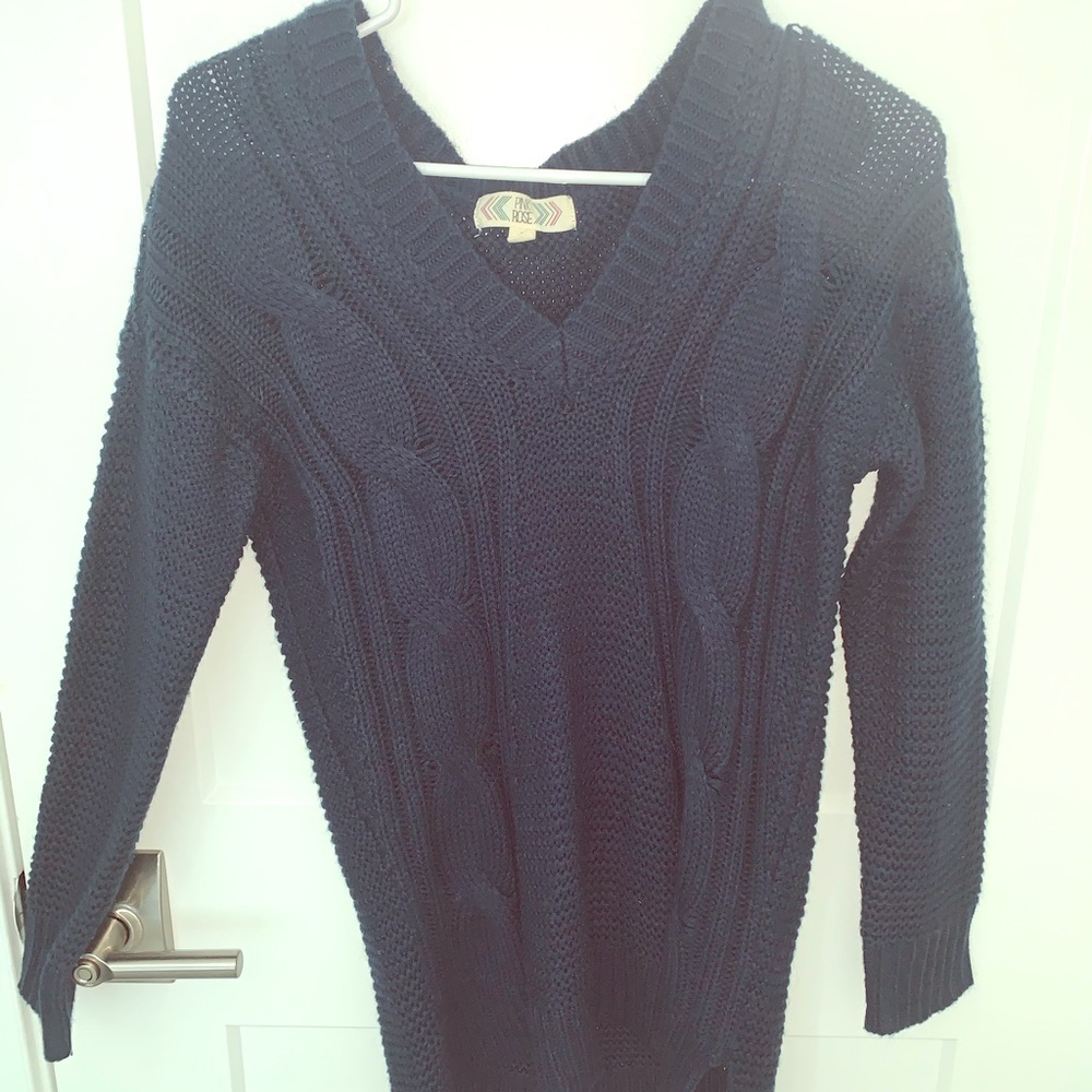 Navy Pink Rose v neck sweater